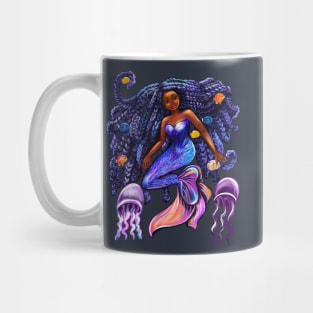 mermaid with flowing shimmering blue black braids fish and jelly fish  , brown eyes curly Afro hair and caramel brown skin Mug